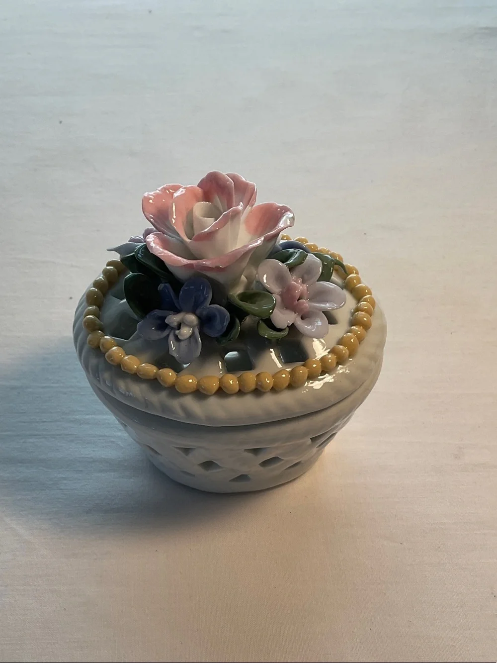 Porcelain Floral Trinket Box with Pink Rose Top